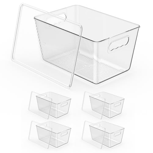 KJIXYUNG Lot de 4 Organisateur Frigo avec Couvercle - Boîtes de Rangement Cuisine Transparentes & Empilables - Bacs en Plastique sans BPA pour Réfrigérateur, Placard,...