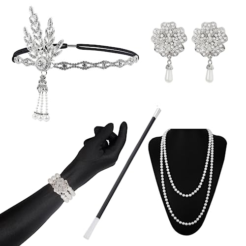 HezsCam 1920s Accessories for Women Black, Roaring 20's Theme Flapper Gatsby Set with Headpiece, Black Gloves, Fashion Necklace Earrings for 20s Fancy Dress Party - Image 3