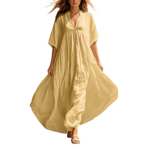 Robe de plage d'été légère tunique ample col v couleur unie
