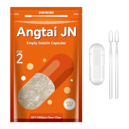 AngtaiJN Capsule Gelatina Vuote 2-Capsule Vuote Trasparenti da Riempire con 2 Microcucchiai, Capsula di Gelatina 2 Fai Da Te Compatibile con il Riempitore di Capsule Misura 2, 1000 pezzi