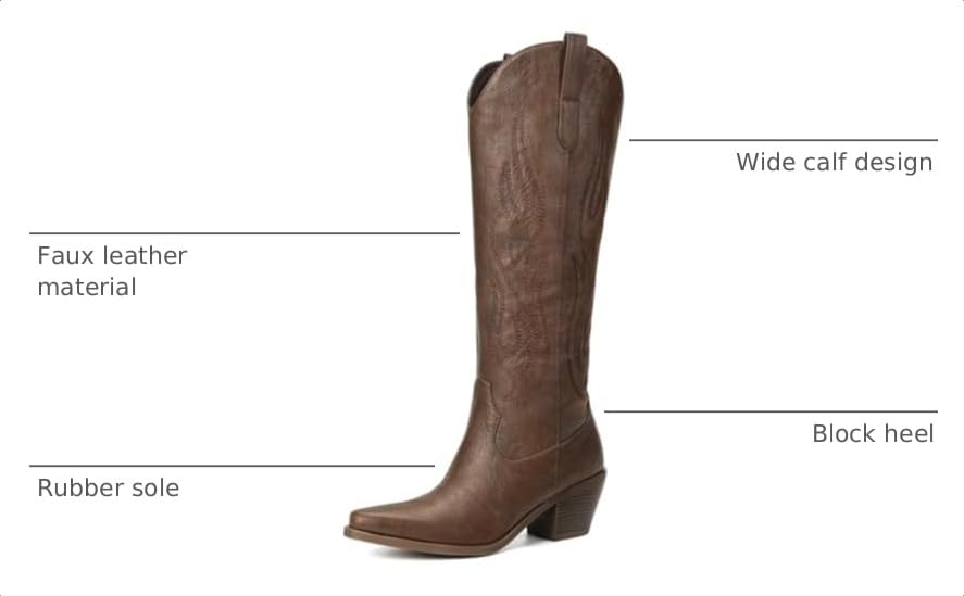 Image of Pasuot Western Cowboy Boots for Women - Knee High Wide Calf Cowgirl Boots, Slip On Pointed Toe Chunky Heel Fashion Retro Classic Pull On Tall Boot for ladies Party concert