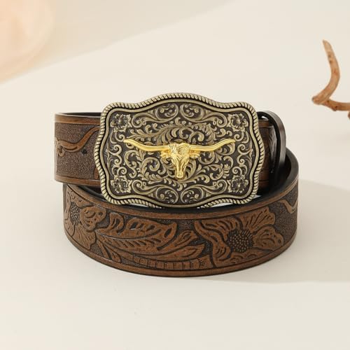 VERENIX Leather Belts for Men Women Cowboy Cowgirl Belt Western Country Waist Belt Causal Steampunk Rock Buckle Belts4