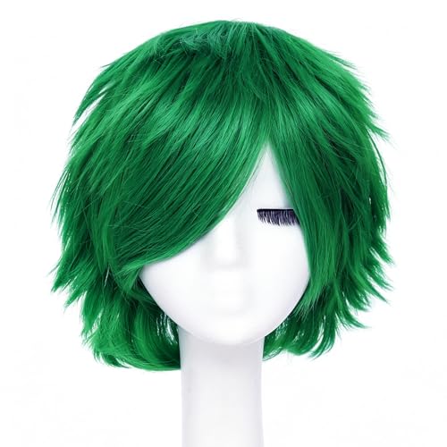Image of Rose bud Anime Halloween Forest Green Wig for Cosplay Party Synthetic Layered Short Hair Wigs with Bangs Pastel Funny Wigs for Women Men