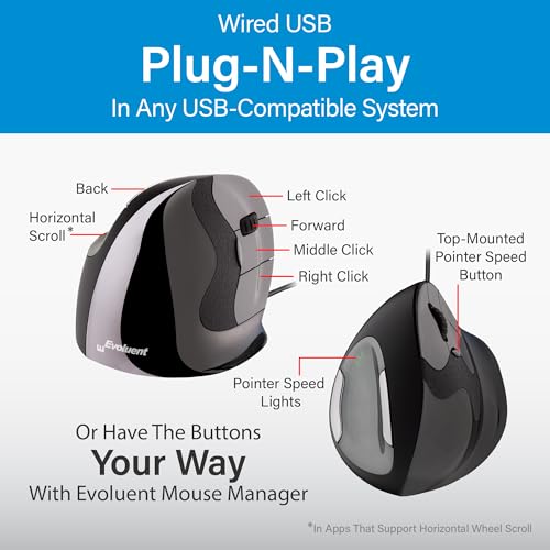 Image of Evoluent - Inventor of The Vertical Mouse - VMDM Ergonomic Vertical Mouse Right Hand Medium Wired USB, Sculpted for Comfort, Reduces Wrist Strain, 4 Speeds, 6 Customizable Buttons in Windows