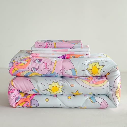 Image of Tailor Shop 4 Pieces Toddler Unicorn Bedding Toddler Unicorn Comforter for Girls Bed in A Bag Includes Quilted Comforter Fitted Sheet Top Sheet and Pillow Case