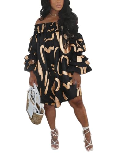 Image of WOKANSE Women's Casual Plus Size Shirred Dresses Off Shoulder Bell Sleeves Ruffle Loose Stretchy Neck Midi Dress