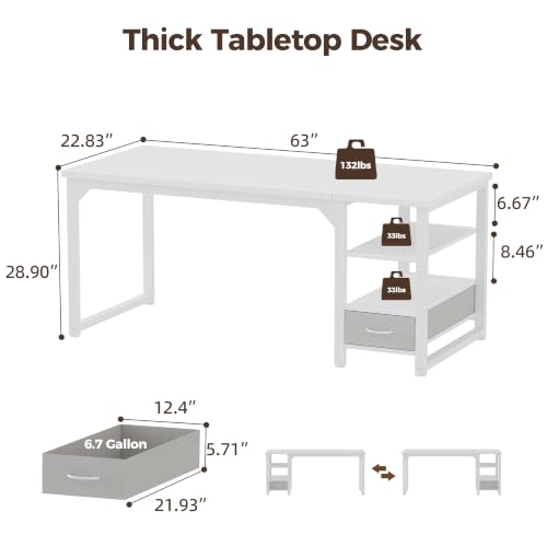 Image of Mericonia 63 in Computer Desk with Drawer, 1 inch Thick Reversible Office Desk | Large Modern Writing Table with Storage Shelves, Heavy Duty Industrial Executive Desk for Home Bedroom Study Work