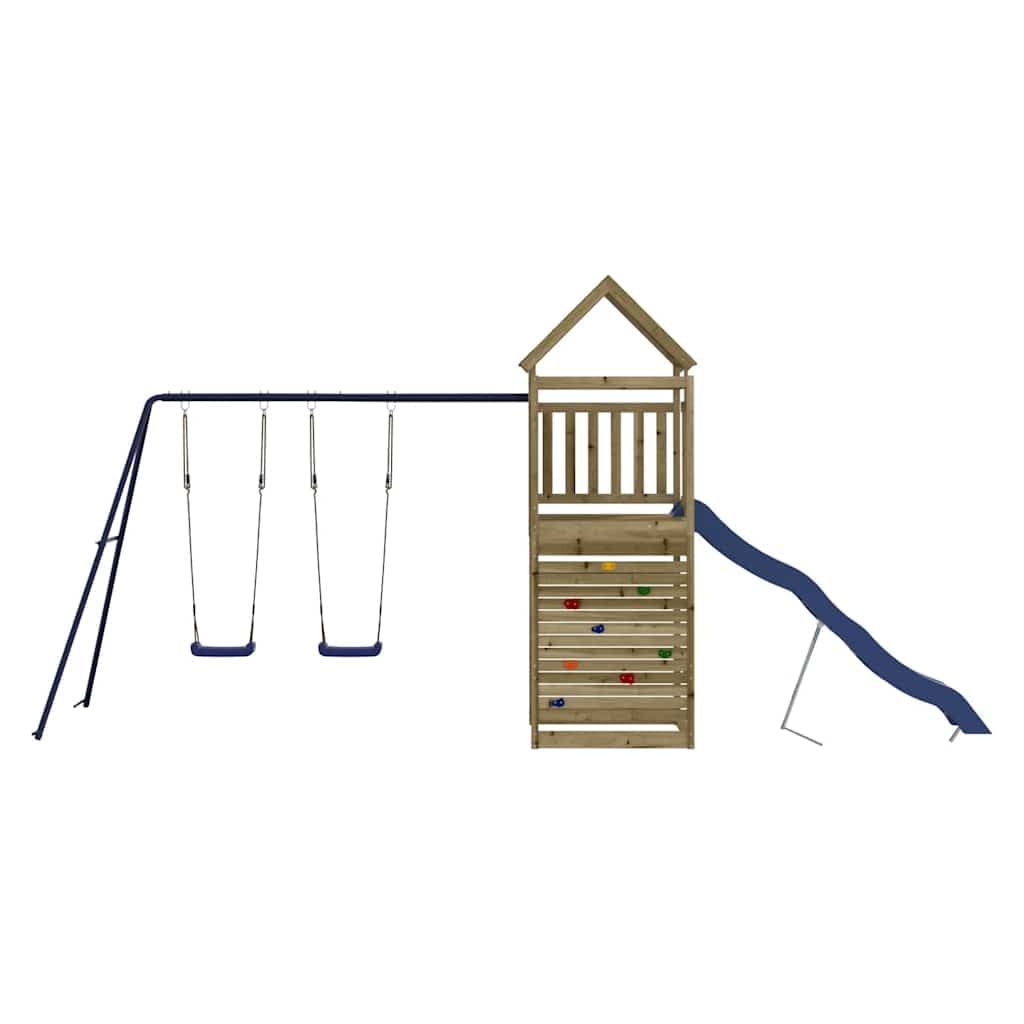 Aire de Jeu en Bois de pin imprégné pour extérieur Jardin avec Tour, balançoire Double, Toboggan ondulé, cabane et bac à Sable pour Enfants de 3 à 8 Ans, Structure Robuste et Stable