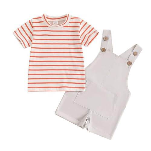 JENJON 2 Piezas Conjunto de Verano para Niños Pequeños Camiseta de Manga Corta a Rayas + Pantalones Cortos con Tirantes Ropa de Primavera Traje Rayas rojas 2 3 Años