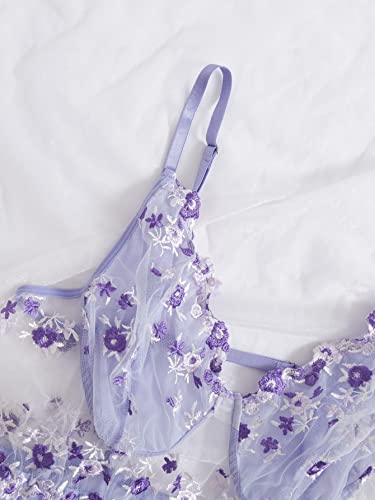 WDIRARA Women's Plus Size Floral Embroidered Mesh Lingerie Babydoll Dress with Panty Lilac Purple 3XL