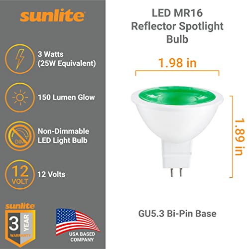 Sunlite 41049 Led Mr16 Reflector Spotlight Bulb, 150 Lumens, 3 Watts (25W Halogen Bulb Eq) 12V, Gu5.3 Bi-Pin Base, Non-Dimmable, Party Decoration, Holiday Lighting Green Color, 6 Count #TOP1