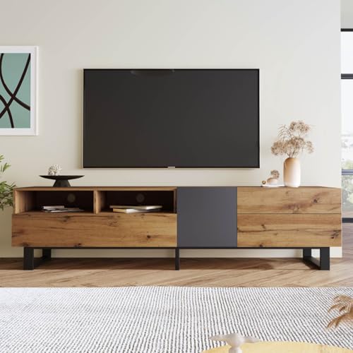 KOMHTOM Meuble TV moderne en bois noir, combinaison de couleurs, placard de rangement, buffet avec 4 compartiments, 1 étagère, 2 tiroirs, placard...