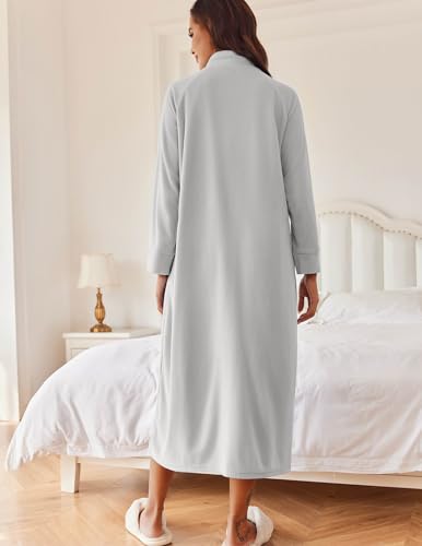 Image of Ekouaer Women Zipper Robe Long Sleeves House Coat Soft Bathrobe Sleepwear with Pockets Housecoat Loungewear