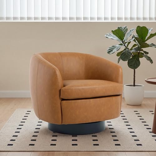 Sillón redondo giratorio de cuero sintético marrón claro miniatura 6