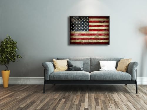 Image of Pyradecor Walnut Framed Canvas Wall Art Old Vintage American Flag Canvas Prints Abstract Pictures Paintings for Office Home Decorations