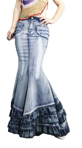 Women's Tail Mermaid Denim Skirt Long Maxi Ruffle Swing A-Line Jean Maxi Skirt with Pockets
