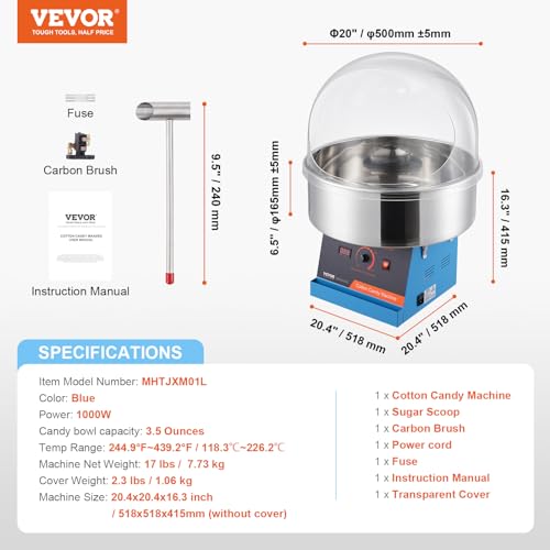VEVOR Elektrische Zuckerwattemaschine, 1000 W Zuckerwattegeräte, Kommerzielle Zuckerwattemaschine mit Abdeckung, Edelstahlschüssel & Zuckerlöffel, Perfekt für Familienfeiern, Partys (Blau) – Bild 8