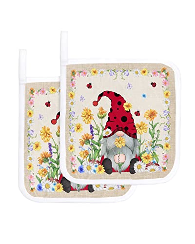 2 Pack Pot Holders For Kitchen,Summer Idyllic Gnome Yellow Daisy Flower Red Ladybug Heat Proof Potholder Hot Pads Trivet,Elf Country Floral Plant Washable Coaster Potholders For Cooking Baking #TOP6