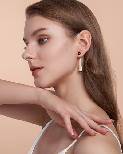 18K gold plated Brown Tiger Eye Long Ribbed Geometric Vertical Bar Drop Chunky Tigers Eye Gemstone Statement Earrings for Women by SNGIA, Bold Drop Handmade Exaggerated Textured Irregular Trendy Bohemian Stud Jewelry Gifts, Unique Dangling Baroque Stone Summer Beach Fashion Accessories, Rectangular Vintage Thick Circular Nickle Free Huggies Hoop Earring.2