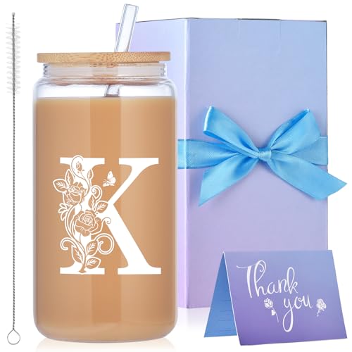 Initial Glass Cups with Lids and Straws, Monogrammed Gifts for Women, 16oz Beer Glass Tumbler, Iced Coffee Mug, Personalized Gift for Christmas. Employee Appreciation Gifts Birthday Gift for Her (K)