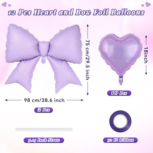 Image of 12 Pcs 18 Inch Heart Balloons and 38 Inch Bow Balloons, Large Foil Bow Heart Balloon Bow Party Decorations for Birthday Baby Shower Valentines Wedding Party