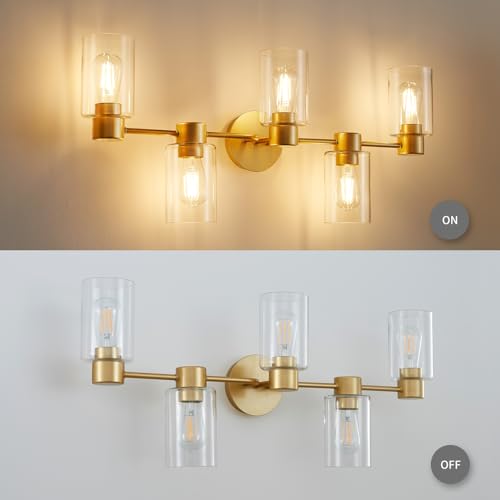 Image of WUZUPS 5-Light Bathroom Wall Light Fixture Over Mirror Clear Glass Shade Morden Vanity Scones Light for Bedroom Living Room, E26 Base, Gold