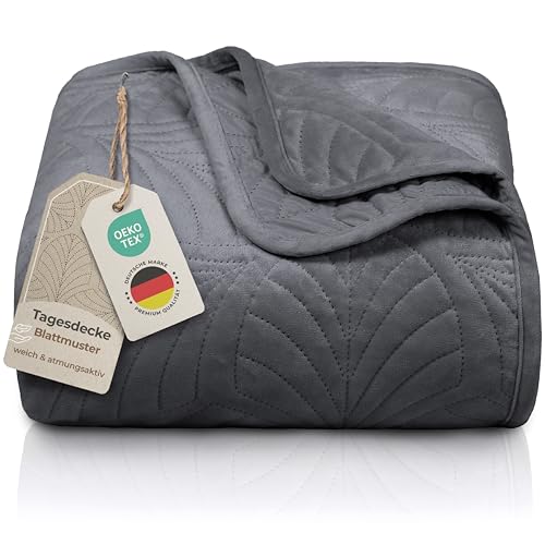 Gräfenstayn Premium Tagesdecke 200x220 cm – Bettüberwurf mit Nahtloser Steppung & Blatt-Design – Samt-Decke – weich, knitterfrei &...