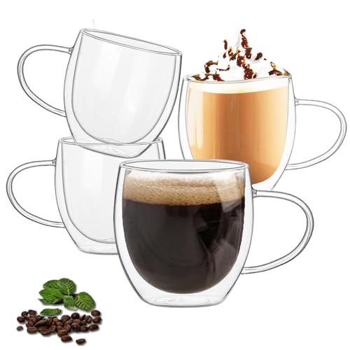 Double Walled Glass Coffee Mugs, Set of 4 Clear Glass Coffee Mugs with Handle, 250ML Glass Tea Cups, Insulated Coffee Mug for Latte, Cappuccinos, Hot/Cold Drink, Black Tea
