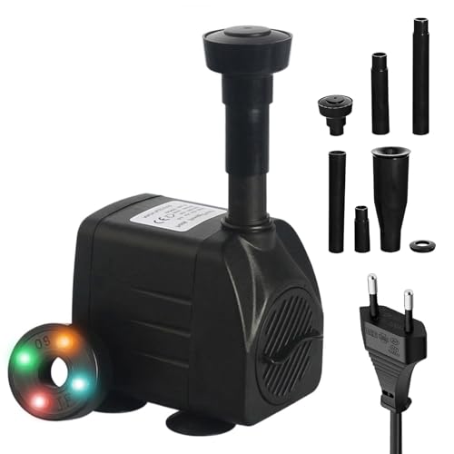 Specifiche pratiche: la pompa per fontana esterna con dimensioni 7,6 x 5,4 x 6,4 cm e un cavo di alimentazione da 150 cm consente un'installazione flessibile. Portata massima: 600 l/h, potenza: 15 W per una forte pressione dell'acqua.