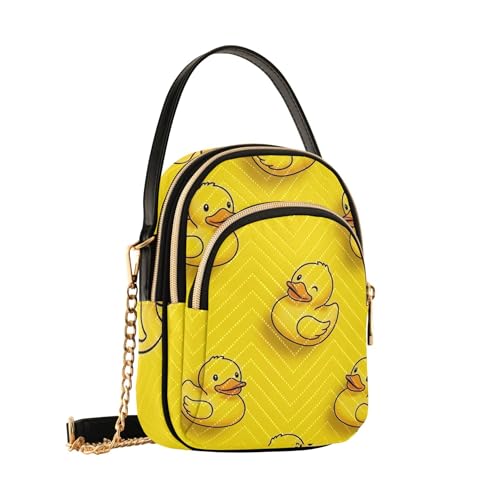 Cute Cartoon Yellow Ducks One Shoulder Handbags Phone Purse Chain Strap Handbag Floral Print Zipper Lady Crossbody Bag, 5.9" × 8.3" × 3.1"2
