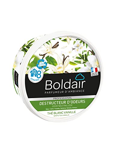BOLDAIR - Gel destructeur d'odeur Thé Blanc Vanille - Neutralise les odeurs - parfume - Produit gel solide - Multi application - durée 8 semaines - 300g - Fabrication française