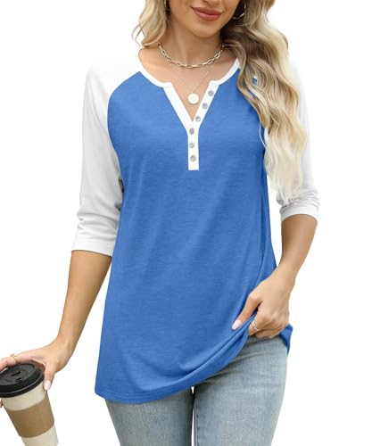 Heymiss Womens Summer Tops 3/4 Length Sleeve V Neck Casual Color Block Tunic Tops Dressy2