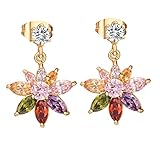 Ayoiow Pendientes de oro amarillo real de 18 quilates con moissanita para mujer, aretes colgantes de flores para ella, Oro amarillo, Cristal rosa amatista granate citrino