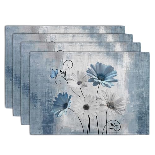 Wnoesat Daisy Placemats Set of 4 Blue Grey Rustic Vintage Floral Table Place Mats 12x18 Inch Seasonal Flower Spring Summer Linen Placemat for Party Kitchen Dining Outdoor Indoor Decor by Wnoesat - Used condition - US$14.69