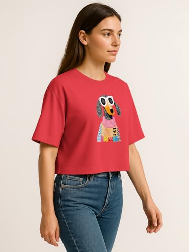 Image of HELLCAT Beige Printed Loose Fit Crew-Neck Crop T-Shirt for Women