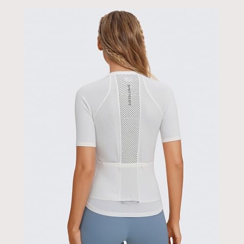 spocyclife Radtrikot Damen Kurzarm, Fahrradtrikot Atmungsaktiv Rennrad Trikot Schnell Trocknen Fahrrad Shirt mit 3 Taschen für Frauen Outdoor Sport, Cremeweiß, S