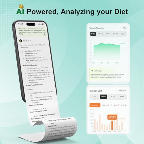 Image of Ultrean Smart Food Kitchen Scale with Nutritional Calculator, App for Macro & Calorie Tracking, AI Scan, Digital Grams and Ounces for Weight Loss, Rechargeable, Stainless Steel, 33lb /15kg