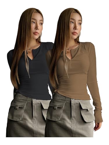 Image of Shasmi Women's & Girl's Long Sleeve Round Neck Solid Color Ruched Workwear Casual Top Half Button Down Henley T-Shirt for Women (Top 128)
