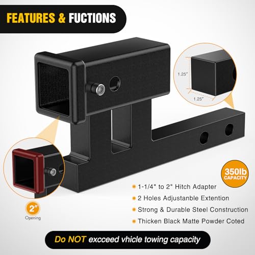 Nilight Trailer Hitch Extender Adapt 1-1/4 Inch to 2 Inch Receiver, 4-1/4 Inch Rise or Drop with Bolt Nut Clip 350 lbs TW Adjustable Extend 7.5" and 9.5" Length Matte Black Powder Coated by Nilight - Image 4
