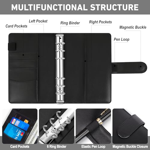 AKONEGE PU-Leder A6 Ringbuch 6-Ringordner für A6-Füllpapier und Loseblatt-Taschen, Budget-Umschläge, nachfüllbares Notizbuch A6 persönlicher Planer für Tagebuch, Arbeit, Geldorganizer, Schwarz