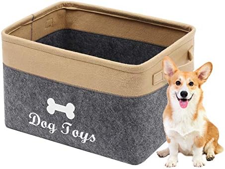 Geyecete Dog Toys Box Storage Bins Basket-Pet Toy and Accessory Storage Bin,Foldable felt Organizer Storage Basket for Pet Toys,Blankets-Gray/Khaki