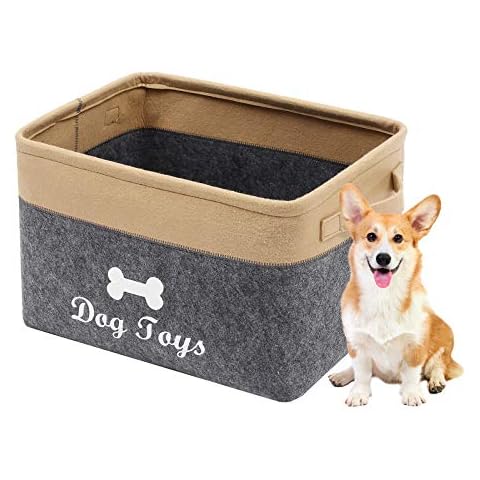 Geyecete Dog Toys Box Storage Bins Basket-Pet Toy and Accessory Storage Bin,Foldable felt Organizer Storage Basket for Pet Toys,Blankets-Gray/Khaki Cover