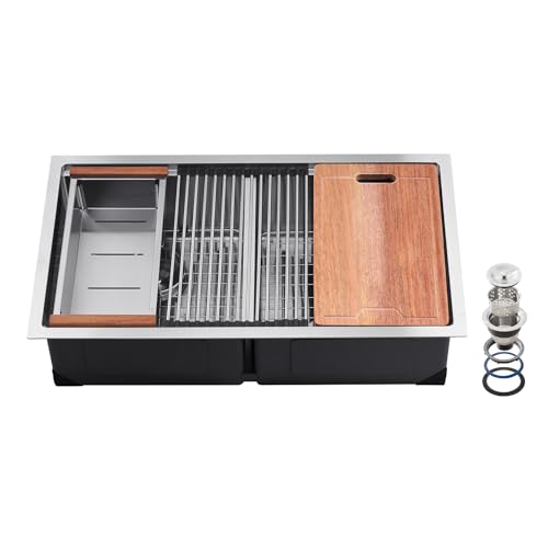 VEVOR 33 inch Kitchen Sink Workstation, 304 Stainless Steel Undermount Sink, Drop-In Double Bowl Farmhouse Basin with Ledge & Multiple Accessories, Household Dishwasher Sinks for RV, Prep Kitchen, Bar by VEVOR - Used condition - CA$242.28