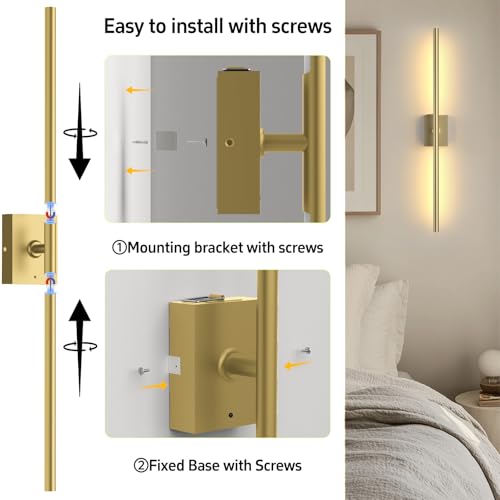 Image of Battery Operated Wall Sconces Set of Two: Dimmable Wireless Wall Lights with Remote, 31-inch LED Rechargeable Sconces, 360 Lighting Wall Scone Decor for TV, Mirror, Bedroom, Living Room(Gold)