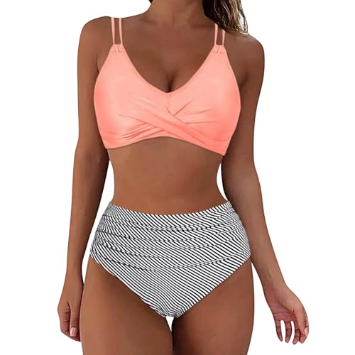 Pack T Shirt Retro Envoltura Bikini de Cintura Alta Traje de Baño Estampado Tow Set Mujer Vintage Frente Dos Volantes Traje de Baño Cruzado Chaleco Tank Tops Hombre, Rosa., XL