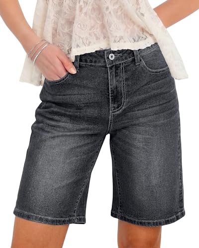Image of Vetinee Black Denim Shorts Long Shorts for Women Washed Black Size Large Fits UK 16-18