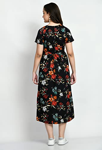 Image of KLART Women Stylish Casual Maxi | A-Line Dress with V-Neck & Short Sleeves | Floral Print Fit & Flare Summer Wear