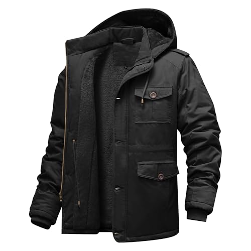 CHEXPEL Men's Winter Jackets with Hood Cotton Military Jackets Fleece Lined Thick Work Coats with Cargo Pockets