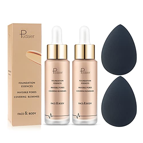 Liquid Foundation Makeup Sunscreen 2 Pcs 35ml Waterproof Oil Control Moisturizing Lightweight Non Stick Concealer Foundation for Face and Body in Glass Bottle with 2 Pcs Black Makeup Sponge