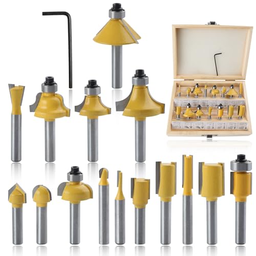 SPEEDWOX 15 Pieces Router Bits Set 1/4” Router Bit Shank Tungsten Carbide Router Bits with Storage Case Chamfer Router Bits for Woodworking on Wood for Tables Doors Cabinets Shelves